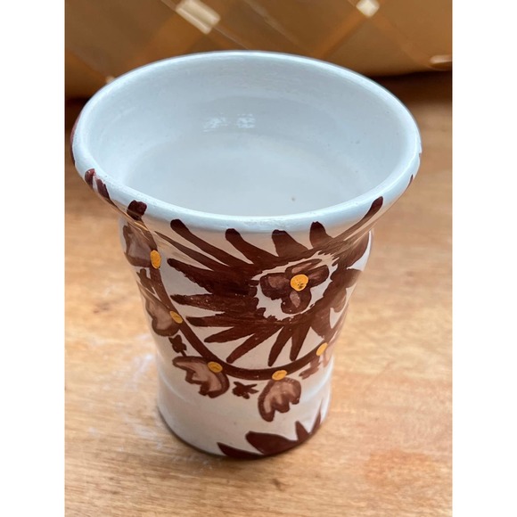 Ceramic Vase/Pen-Pencil Holder Brown Designs on White/Genuine 18k Gold Accents - Picture 4 of 7